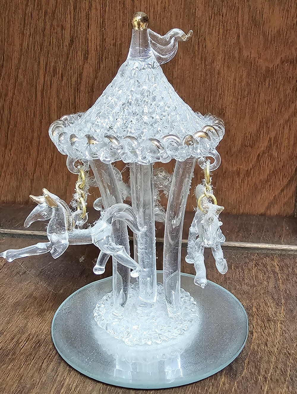 Rare Clear Glass Carousel Figurine with Gold Accents - Home Art